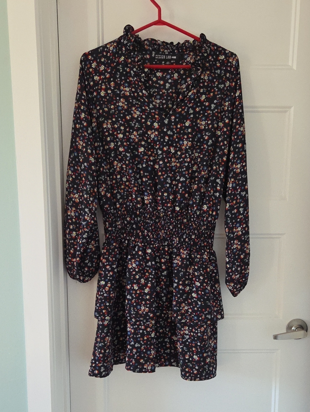 Women's Navy Floral Long-Sleeve Smocked Waist Dress